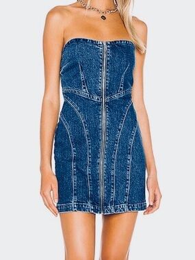 GRLFRND Strapless Front-Zip Denim Mini Dress - Blue